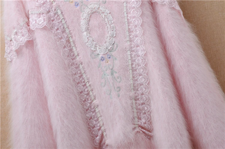 Женский зимний изысканный вязаный розовый топ с бисером, настоящий Ангорский кролик, меховой свободный свитер с длинными рукавами, свитер
