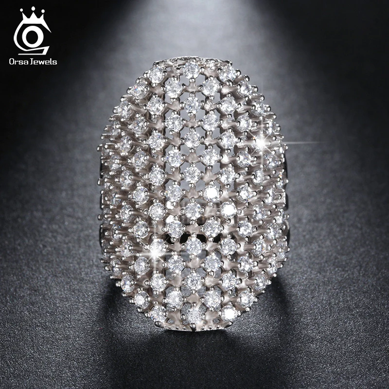 ORSA JEWELS Fashion Silver Color Party Rings for Women with 82 Pieces Clear Cubic Zirconia Rose Gold Color Finger Ring OR92
