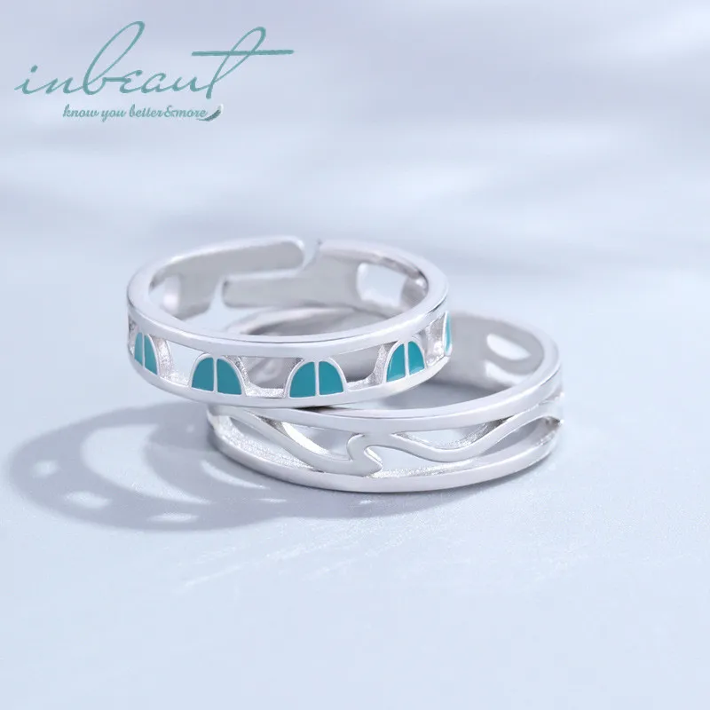 

inbeaut Silver South Wind Blows Love into Window Couple Rings 925 Blue Enamel Leaf Windows Ring for Women Female Party Jewelry