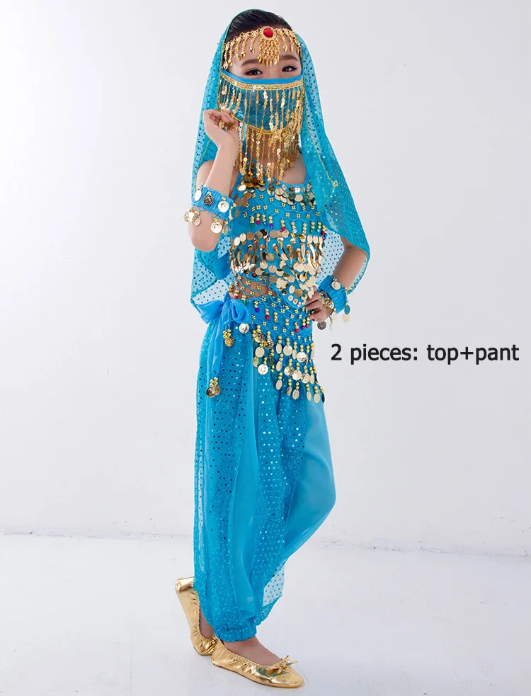 Детский набор костюма для танца живота Болливуд сценическая одежда для танца живота для девочек индийский танцевальный наряд Детский топ брюки - Цвет: turquoise 2 pcs