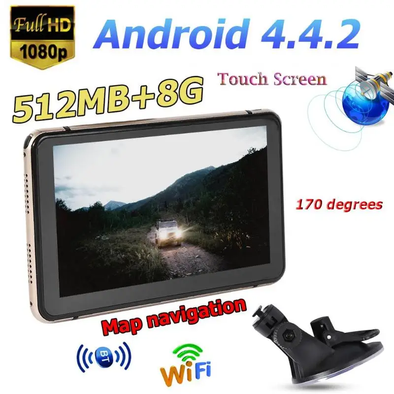 Android 4,4 satelital coche DVR 7 pulgadas GPS navegación pantalla táctil 800*480 píxeles micrófono incorporado Bluetooth WiFi AV-IN grabadora