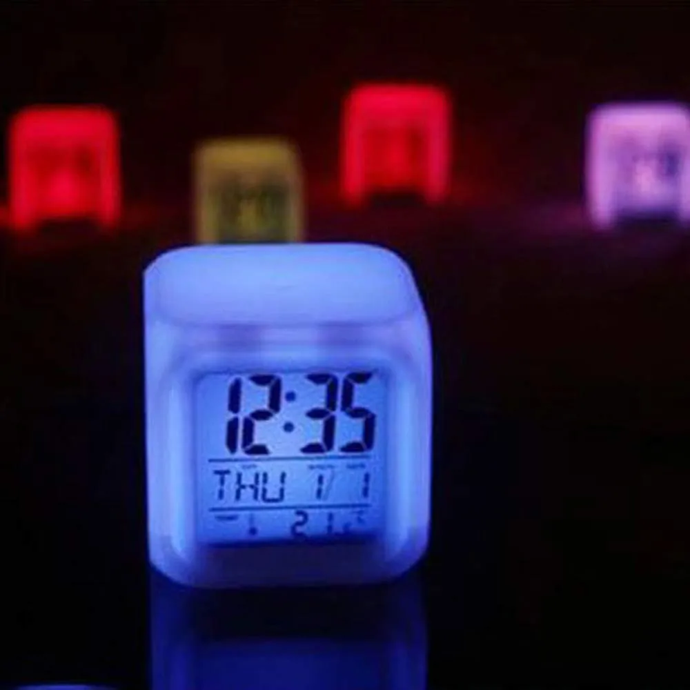 Digital Alarm Thermometer Night Glowing Cube 7 Colors Clock LED Change Alarm Clock Cute Portable Waterproof home decor clock  P#