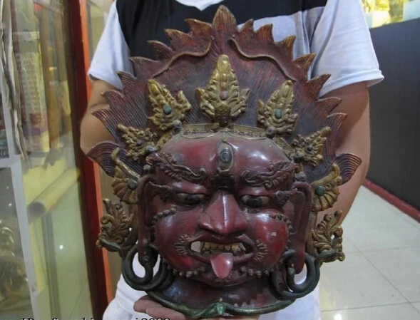 

RHS0256 Tibet Buddhism Pure Bronze inlay Red coral Mahakala Buddha Head Mask statue