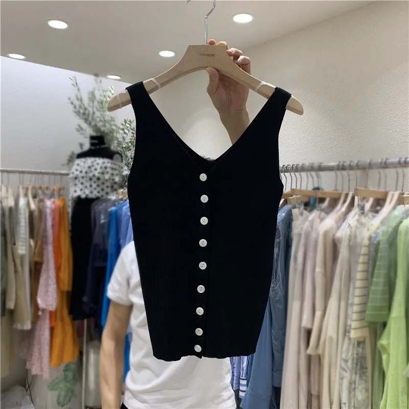 Черный Fashion Button Knit Vest Women Top Camisole Female Solid Elastic knited Slim Sleeveless Tops Femme Summer Casual Camis New - Цвет: Черный
