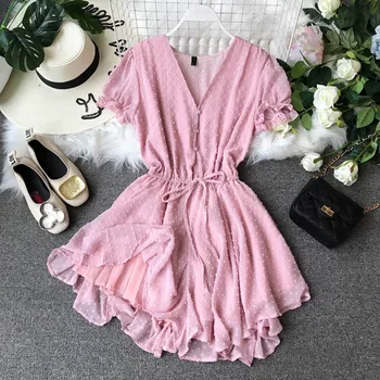 

2020 New V-collar Flocking Point Chiffon Couplet Girls Summer Short Playsuits Women Short Sleeve Sweet Jumpsuits rompers