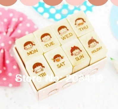 

8pc/set Wooden girl week face expression Stamps set block seal stamper DIY diary  gift craft handwork     wholesale retail