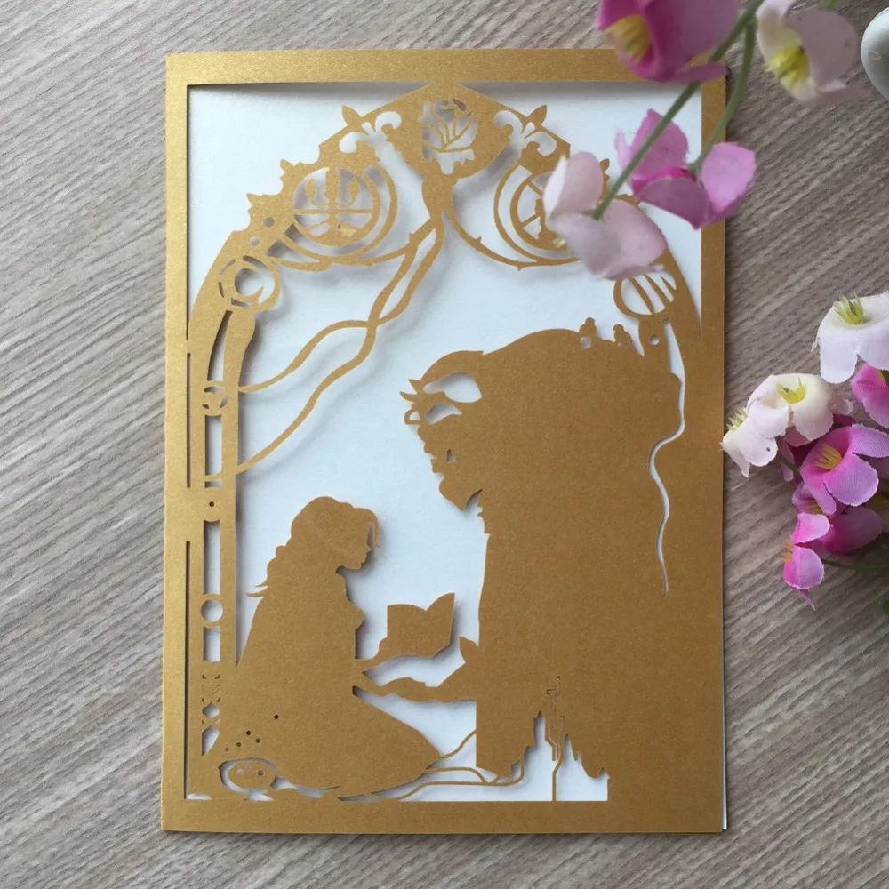 

30pcs/lot Beauty And The Beast Pattern Hollow Out Carved Wedding Invitation Card Child Party Valentine's Day Gift Cards