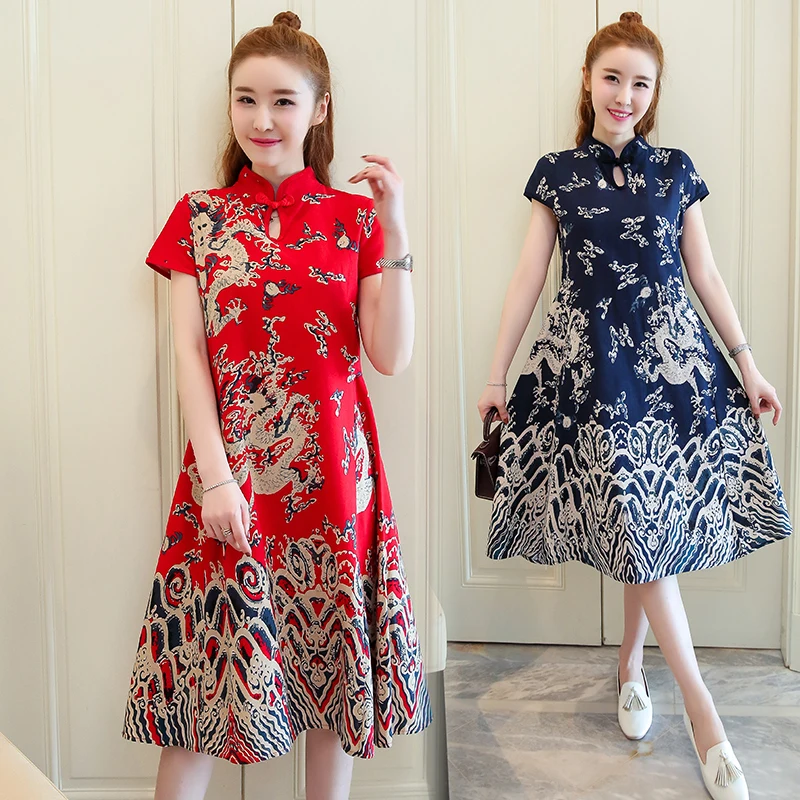 Improved Cheongsam Summer Dress Women's Clothing Chinese National Wind Cotton and Linen Dresses Stand Collar Large Size 4XL