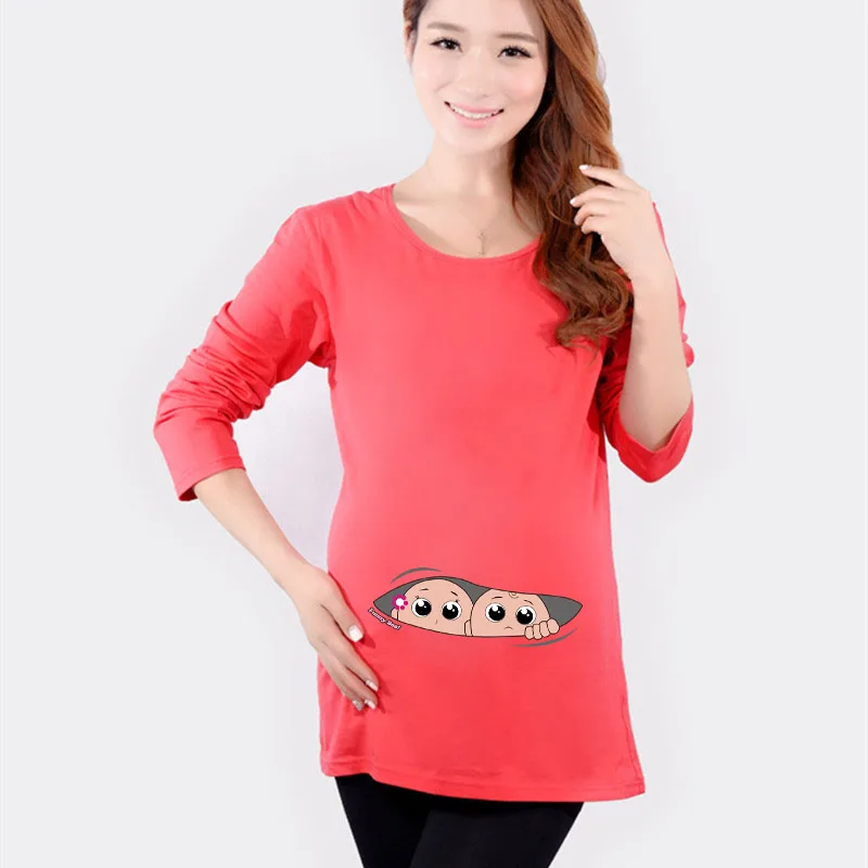 

New funny pregnant t-shirts cute twins maternity tops long sleeve pregnancy clothes 4 colors cotton tees shirts baby shower gift