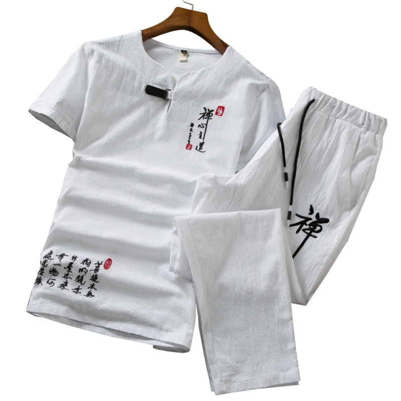 

Chinese Character Embroidered Decorative Mens Short-sleeved Suit 6XL Seven Colors Select Men Two-piece Set Pants Drawstring