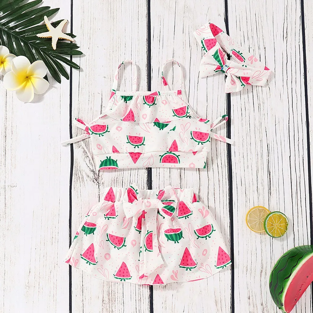 

Telotuny Girls Swimwear Children Kids Girls Bikini Beach Suspender Tops+Skirt+Headbands Swimsuit Set Swimming suit#40