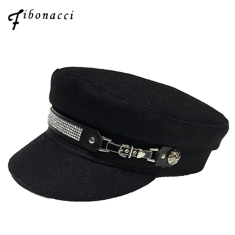 

Fibonacci High Quality 2019 New Fashion Women Military Hats Rhinestone Decoration Tactical Flat Top Army Hat