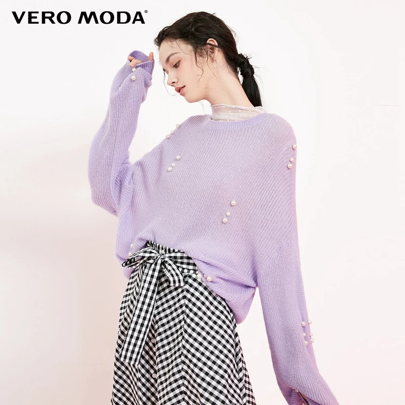 Vero Moda свитер женский жемчужный Круглый с заниженным плечом фонарь рукав чистый свитер для женщин | 318413523