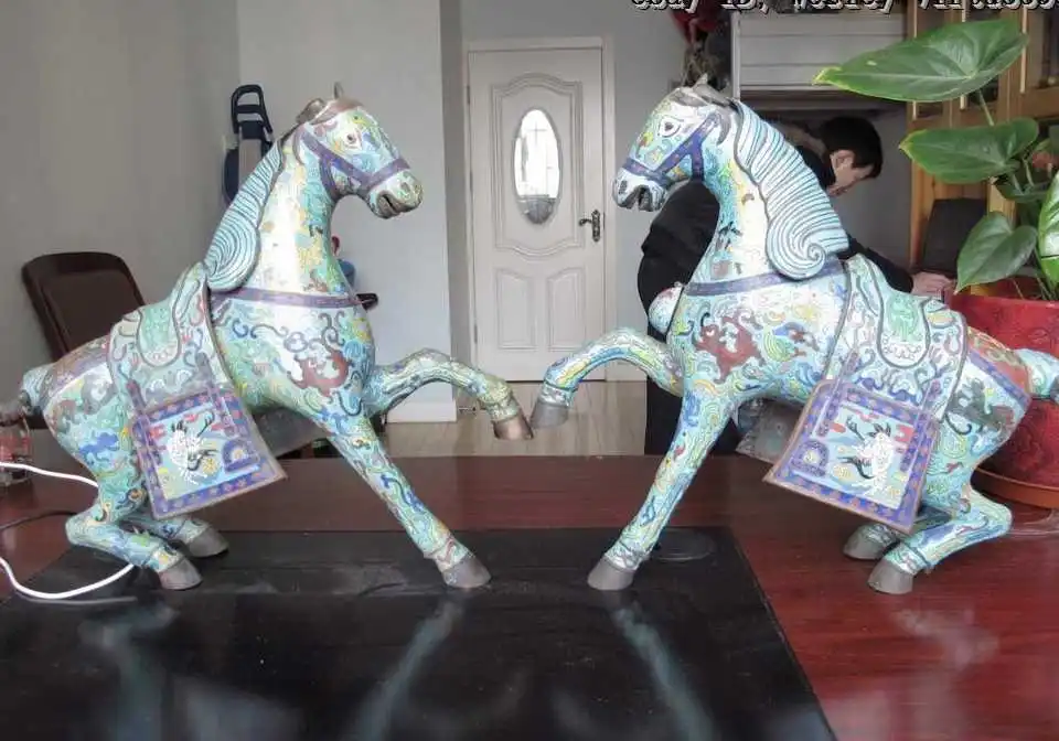 

China Royal Old Copper cloisonne enamel Lucky propitious steed Horse Statue Pair