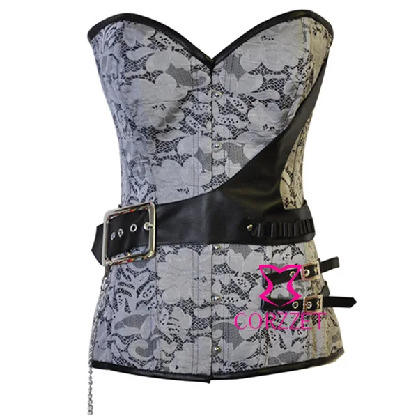 Women Silver Grey Jacquard Steel Boned Strapless Overbust Push Up