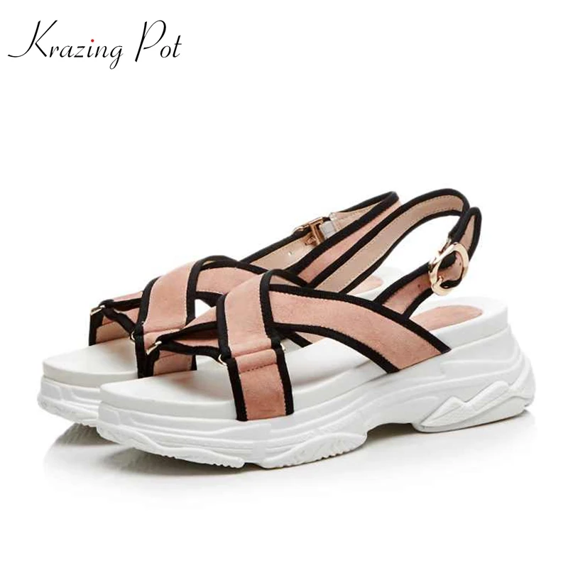 

Krazing Pot 2018 kid suede streetwear buckle straps peep toe British school wedges model runway gladiator platform sandals L55