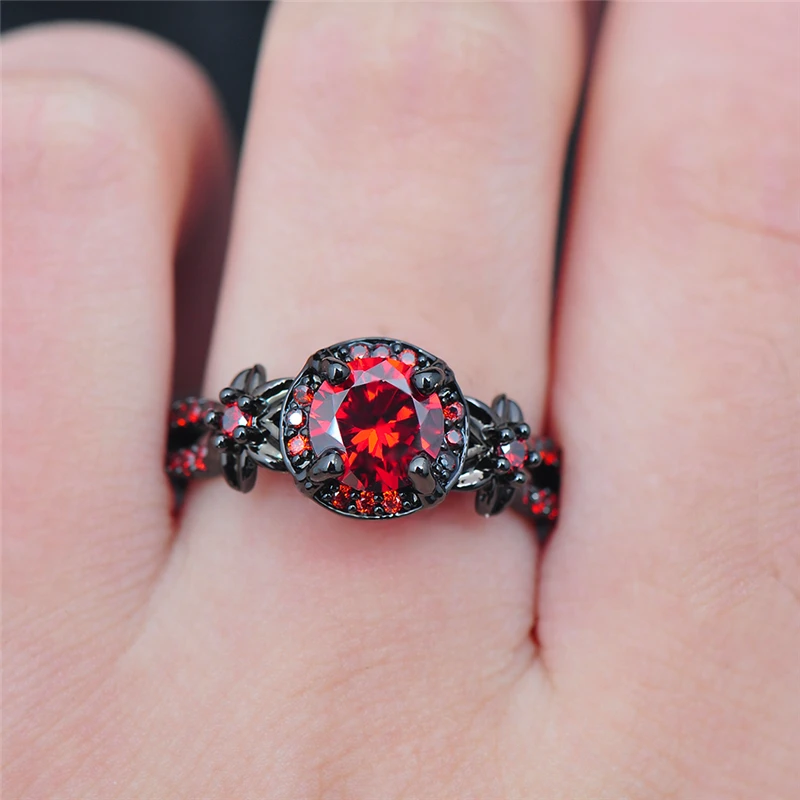 Модное блестящее красное кольцо с цветами, красный гранат, очаровательное женское ювелирное изделие для помолвки, Черное золото, кольца для обещаний, Bijoux Femme RB0435