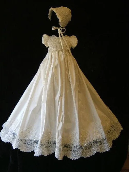 

Enchanting New Infant Christening Dress Baby Girl Baptism Gown Lace Puff Sleeve Ivory White Custom outfit with Bonnet