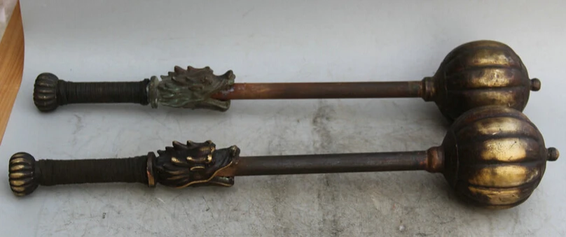 

JP S62 23" Chinese Bronze Handle Head Dragon Phurba Dagger Holder Weapon Hammer Pair