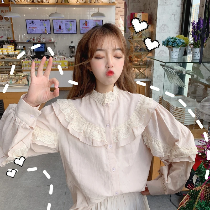 

Lolita Style Cute Blouse Ruched Hem Lace Patchwork Shirt Women Top Kawaii Chemise Femme Chemisier Blusa Mujer Camisa