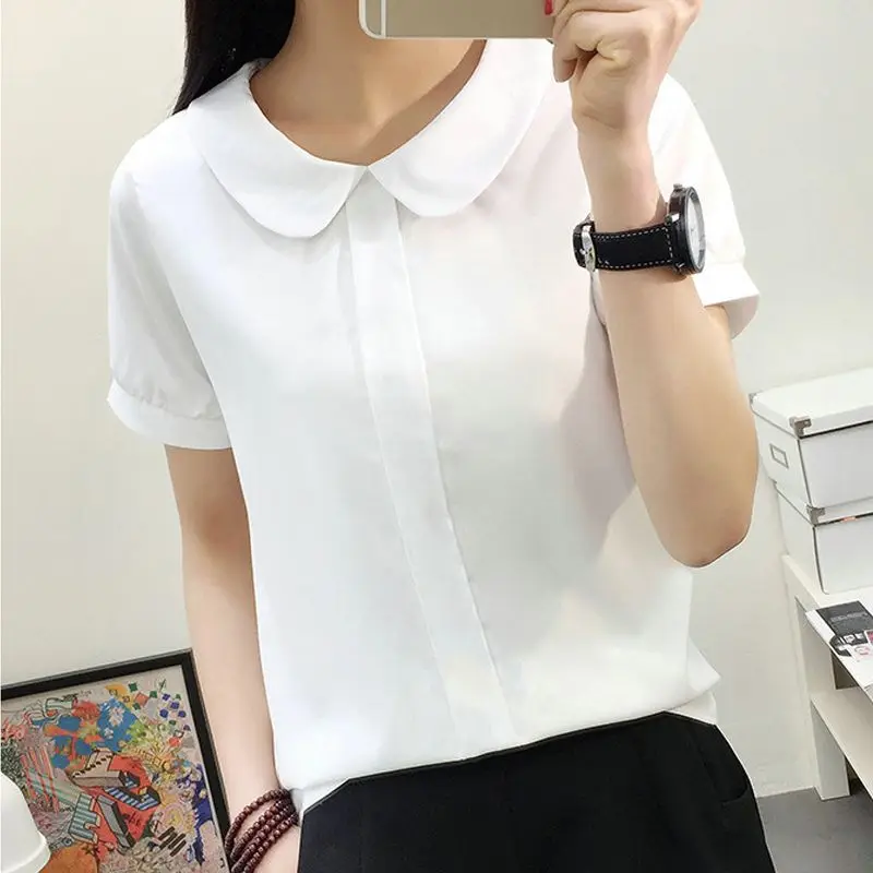 

Women Summer White Blouse Sweet Chiffon Short Sleeve Female Tops Peter Pan Collar Female Blouse