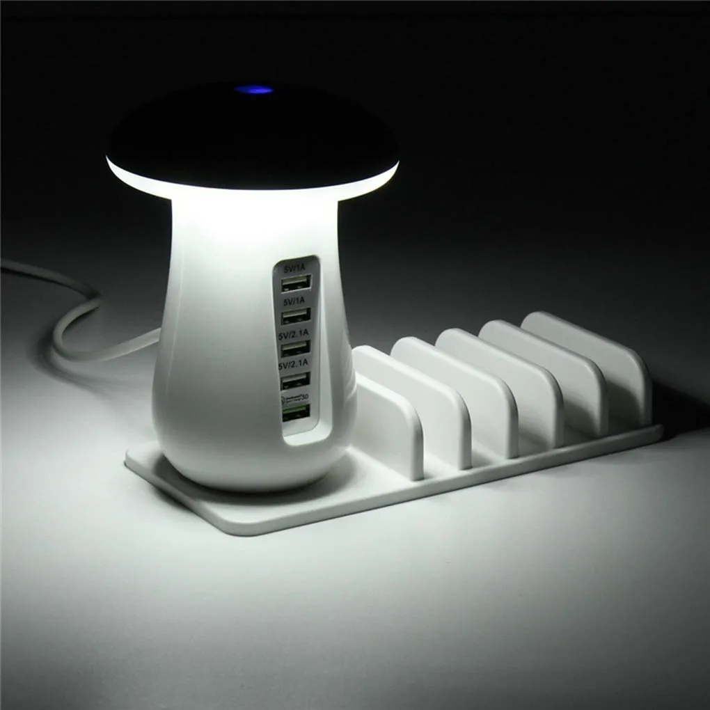 

Mashroom Shape Night Light Lamp Desktop 5 USB Port Cellphone Charging Adaptor 30W 3.0 Fast Charging