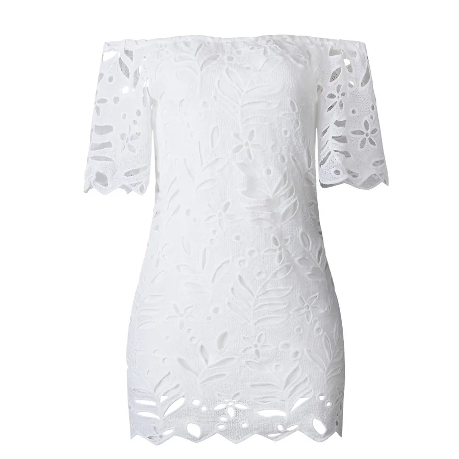 Gladiolus Off Shoulder Summer Dress Women Short Sleeve Lace Hollow White Black Mini Sexy Women Dress 2019 Ladies Party Dresses (14)