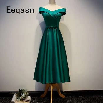 

Green Off Shoulder Mother Of The Bride Groom Dresses Tea-Length A Line Satin Evening Wedding Dresses vestidos de madrina