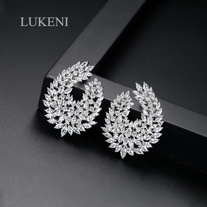 

LUKENI New Luxury Shiny White Color CZ Big Luxury Leaf Stud Earrings for Women Wedding Party Fashion Jewelry Gift
