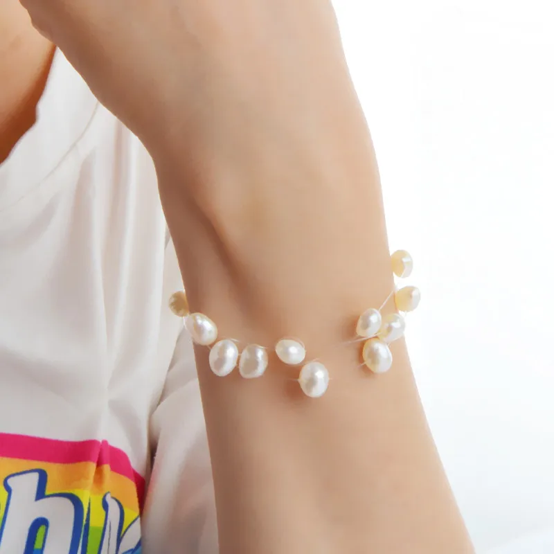 

ASHIQI Real Natural Freshwater Pearl Bracelets with 3 row Transparent Fishing Line Invisible Chain Bracelet women gift