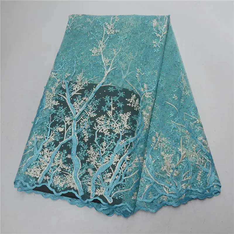 Fancy Aqua Color French Lace Material Top Quality Net African Fabric With Beaded For Nigerian Wedding 30 | Дом и сад