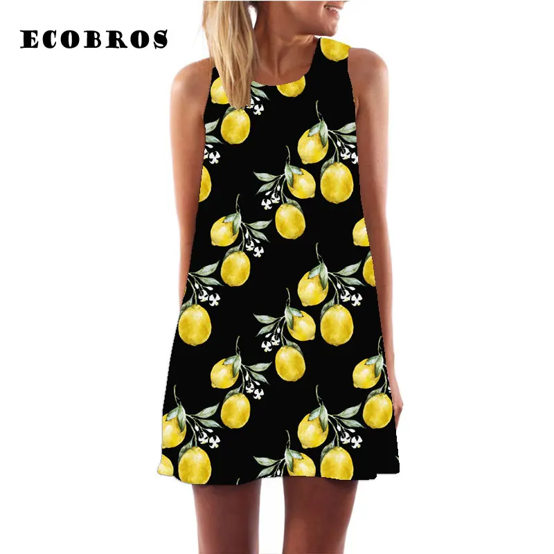 ECOBROS 2017 Summer Woman Chiffon Dress Casual loose sleeveless yellow