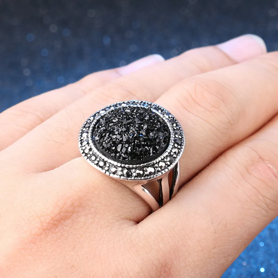 Бохо большое кольцо с черным камнем античная серебряная мозаика черный кристалл турецкие ювелирные изделия винтажные Свадебные Кольца для женщин аксессуары
