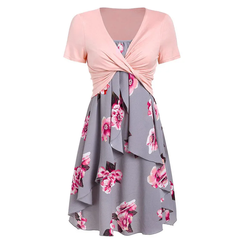 New Fashion Women Summer Short Sleeve Front Cross Cross Top Floral Print Mini Dress Elegant Ladies Casual Party Vestidos #4R09   (8)
