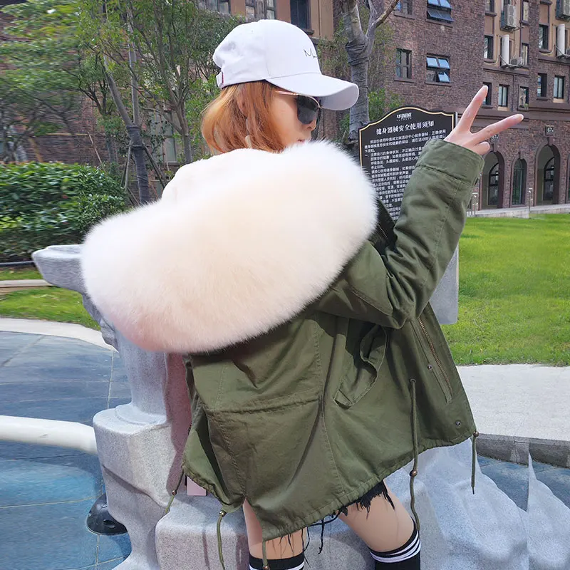 

Women Winter Fashion Large Natural Real Fox Fur Hooded Thick Warm Army Green Parkas Jackets Female Oversize Plus Velvet Coats