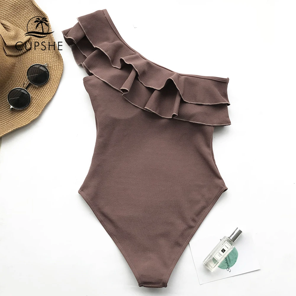 Preise CUPSHE Falbala einteiliges Badeanzug Frauen Braun Rüschen One schulter Monokini 2020 Mädchen Solide Strand Badeanzug Bademode