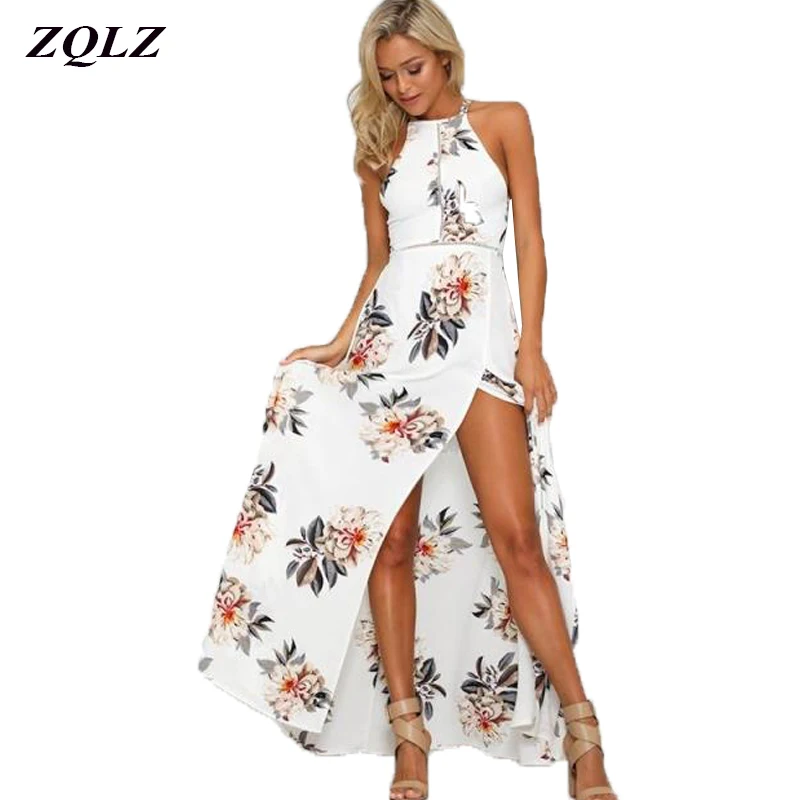 

ZQLZ Summer Bohemian White Maxi Dress Women Halter Bandage Backless Sexy Chiffon Dress Vintage Evening Party Long Dreses