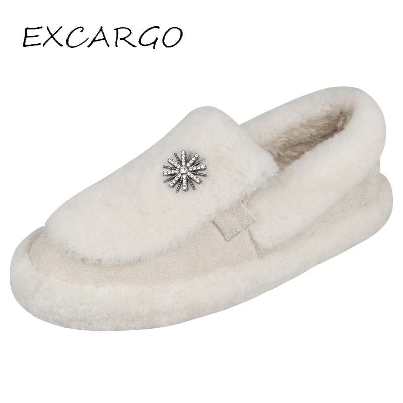 EXCARGO Fur Loafers Casual Shoes Female Flats 2018 Slip On Woman Platform Warm Fur Shoes Rhinestone Lady Loafers Footwear Flat