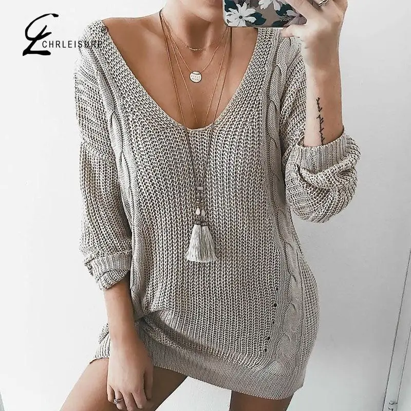 

CHRLEISURE Fashion Sexy Ladies Sweater Solid Color Long Sleeved Knit Sweater V Neck Loose Sweater Female