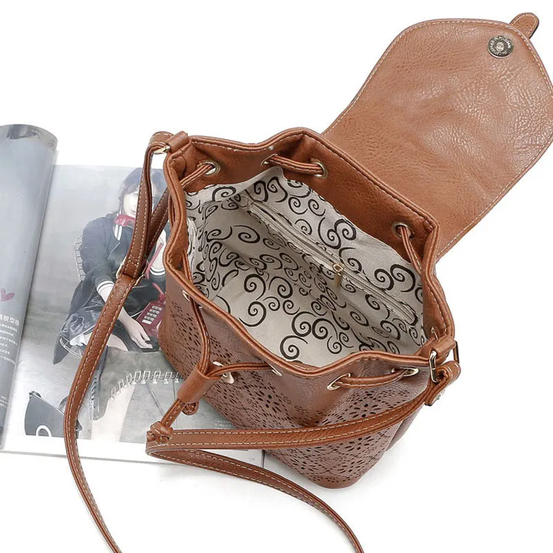 Luxury Hollow Out Shoulder Bags String Women Bucket Bag Designer PU Leather Messenger Bags Women's High Quality Handbags