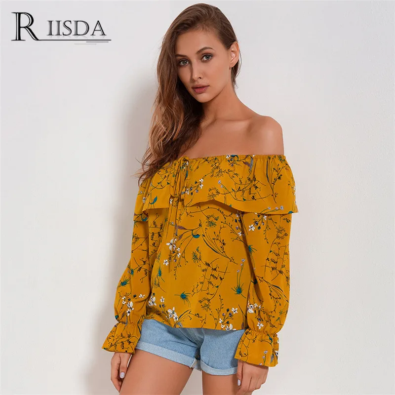 RIISDA Women Slash Neck Shirt Chiffon Print Ruffles Sleeved Blusas Casual Shirts For Womens Blouses Female Spring Summer Tops  (2)