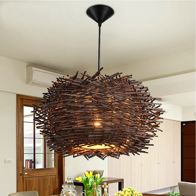 

Novelty Nordic Lamp Creative Wood pendant Lights 220v E27 Nest Bird Cage Lamp With Incandescent Bulbs For Light Home