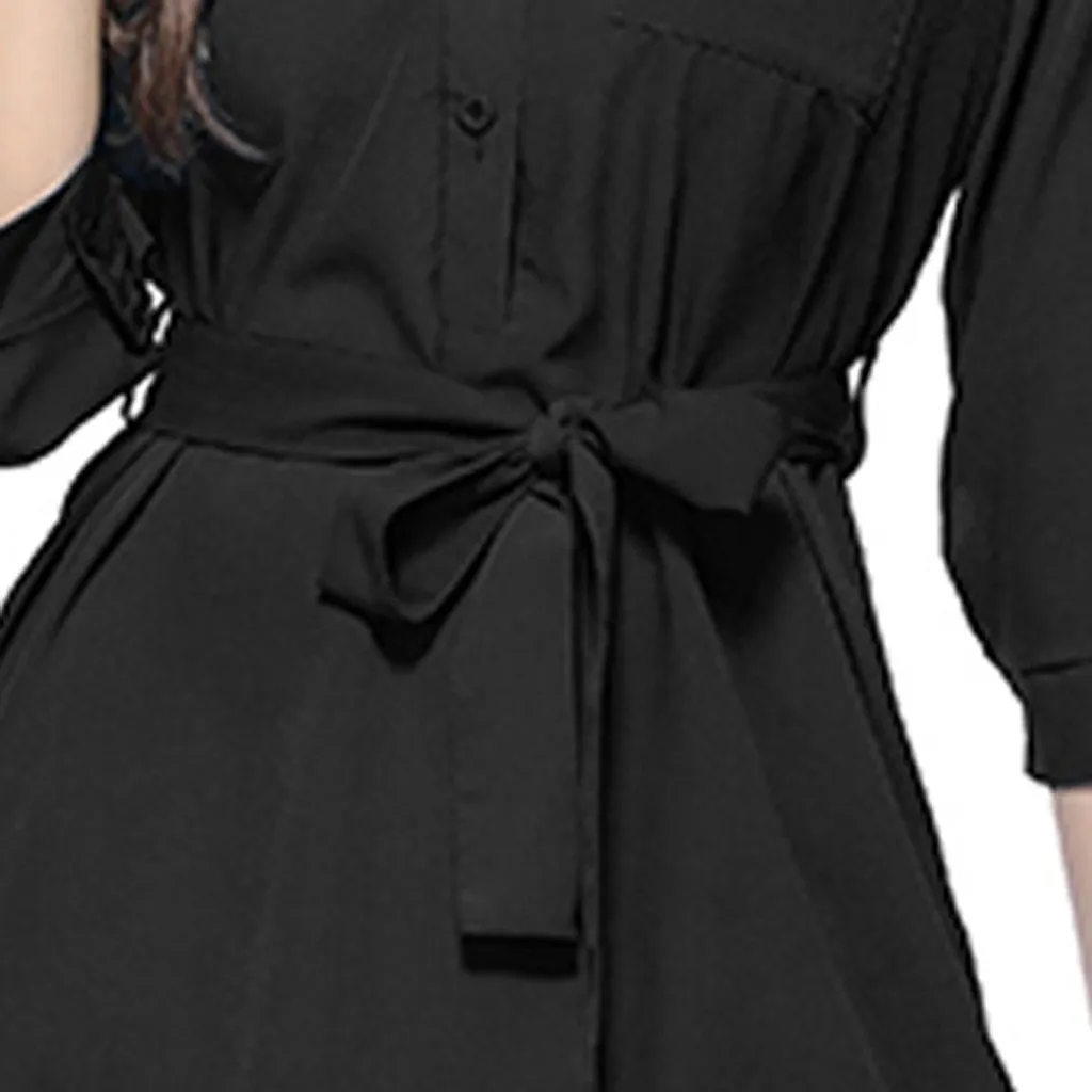 Summer Dress Women Fashion Casual Solid Color Pockets Button Turn-down Collar Three Quarter Sleeve Knee Length Vestidos OY41