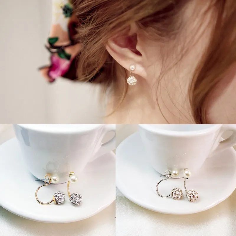 

LNRRABC Cute Design Double Ball Crystal Rhinestones Ear Studs for Women Pearl Piercing Stud Earrings Fashion Jewelry