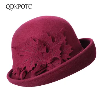 

QDKPOTC 2018 Quality Autumn Winter Women's New Floral Flanging 100%Wool Felt Fedoras Female Hats Dome Elegant Banquet Fedora Hat
