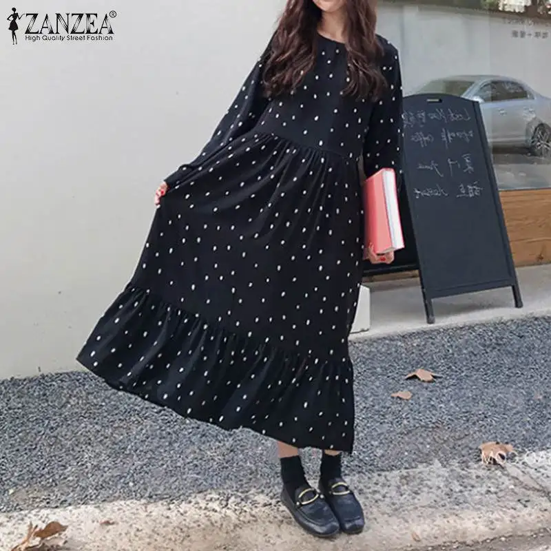 ZANZEA элегантный в горошек платье с оборками женский летний сарафан модная туника с длинными рукавами Vestido женское повседневное осеннее платье