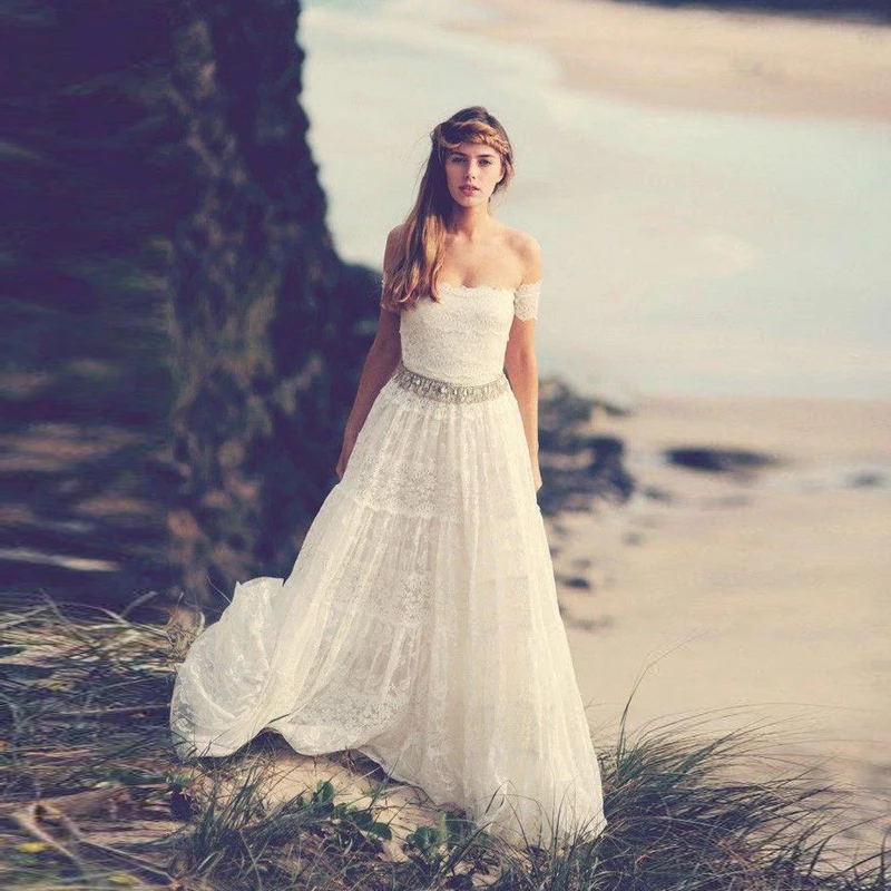 

Vintage Bohemian Wedding Gowns 1970s Hippie Bohemian Bridal Gowns Off The Shoulder A-line Cream Ivory Lace Boho Wedding Gowns