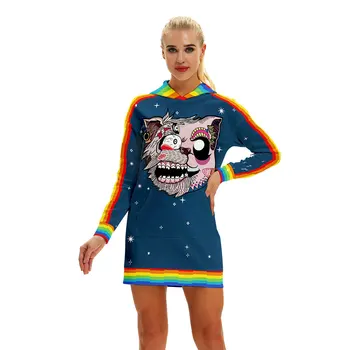 

Kawaii Long Hoodies Women 3D Cute Carton Printed Loose Hooded Sweatshirts Dress 2018 Long Sleeve Pullovers Sudadera Mujer