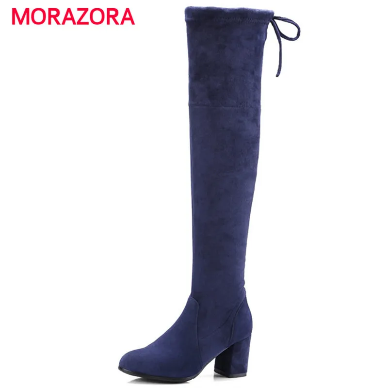 

MORAZORA 2018 new fashion over the knee women boots autumn winter round toe kid suede leather boots lace up high heel boots