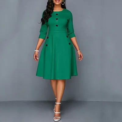 Летнее Новое Женское платье с круглым вырезом и укороченными рукавами, модное тонкое однотонное платье на пуговицах, летнее повседневное офисное женское платье B356 - Цвет: Зеленый